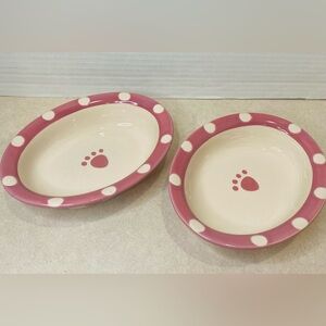 PetRageous Polka Dot Paws Oval Ceramic Dog & Cat Bowls Set Pink Stoneware Small